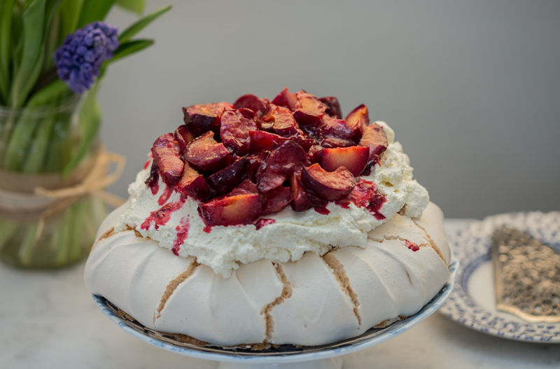 Salted baked plum pavlova 